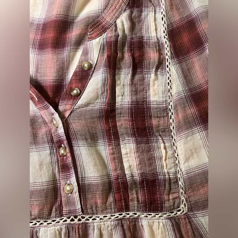 Lucky Brand 100% Cotton Mauve Plaid Henley Peasant Blouse Size Large - Picture 7 of 9